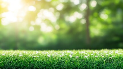 Naklejka premium Sunny meadow bokeh background; green grass, white flowers, nature scene, website banner