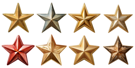 Collection of Decorative Stars in Various Colors and Textures, isolated on transparent background