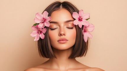 Fototapeta premium Serene woman, flowers, bob haircut, beige background, beauty