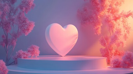 Pink heart podium, dreamy forest backdrop, romantic scene, Valentine's Day