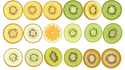 Sliced kiwis, orange, white background, food collage, recipe illustration