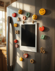 Single Polaroid Stuck on a Fridge with Colorful Magnets