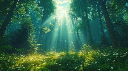 Sunlight Filters Through Lush Forest Canopy, Illuminating Wildflowers in a Serene Wilderness