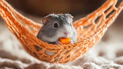 Guinea pig eats treat in hammock, cozy home