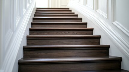 Dark wood staircase ascending in bright hallway, paneled walls. Home design