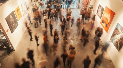 An overhead view of the gallerys opening night showcasing a diverse range of art installations with a blurred sea of patrons mingling sipping drinks and discussing artworks as the atmosphere
