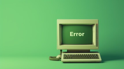 A retro beige computer sits against a green backdrop, its monochrome screen displaying the word Error, evoking nostalgia for early technology and computing history. AI generated.
