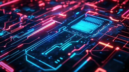 Obraz premium Game background with neon lights with intricate circuit board patterns, electric blue and red colors holographic interface wallpaper AI generated image