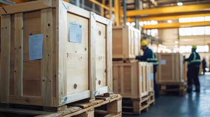 Wooden crates stacked on pallets in factory warehouse
