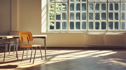 Fototapeta premium Sunny classroom, empty desks, large window, sunbeams, education