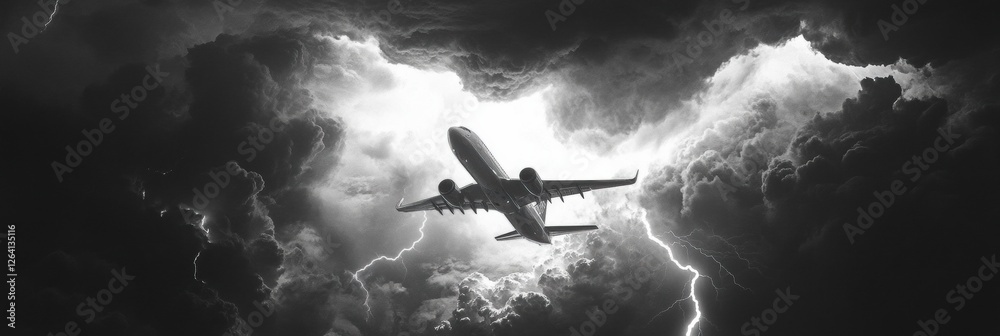 Poster Dramatic flight through stormy skies with flashes of lightning illuminating dark clouds. Generative AI