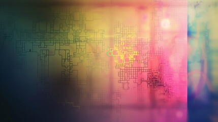 A colorful abstract digital illustration with a futuristic grid and interconnected glowing elements. The blurred gradient background adds depth to the cyber-inspired composition. AI generated.