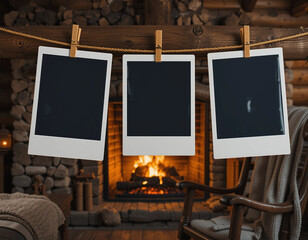 Three Polaroids Hanging Above a Fireplace in a Cozy Cabin