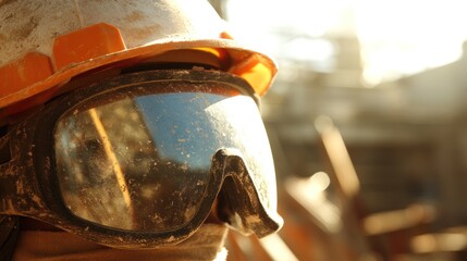 Fototapeta premium Dusty goggles & helmet, construction site, sunlight, safety, industry