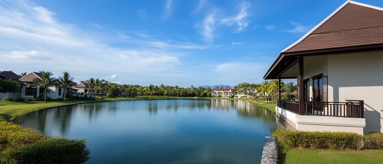 Naklejka premium Lakeside villas, tropical landscape, calm water, vacation home