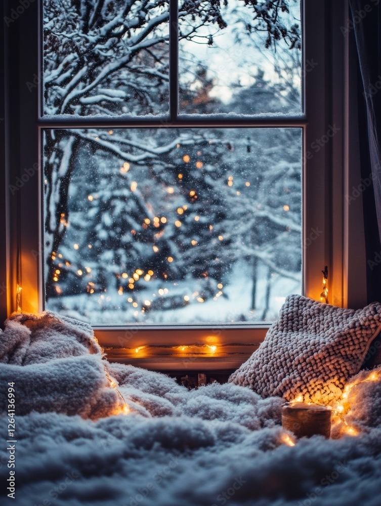 Leinwandbilder cozy winter scene with warm blankets and glowing lights by a snowy window view during evening hours.