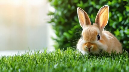 Obraz premium Cute Brown Bunny Rabbit Hiding in Green Grass Near Foliage