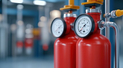 Red Fire Extinguishers with Pressure Gauges in Industrial Setting for Safety and Emergency Preparedness