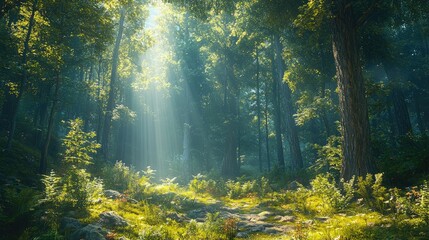Obraz premium Serene forest landscape with sunlight filtering through trees, creating a tranquil atmosphere