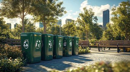 Modern recycling bins in a sunlit urban park promoting waste management and sustainability.