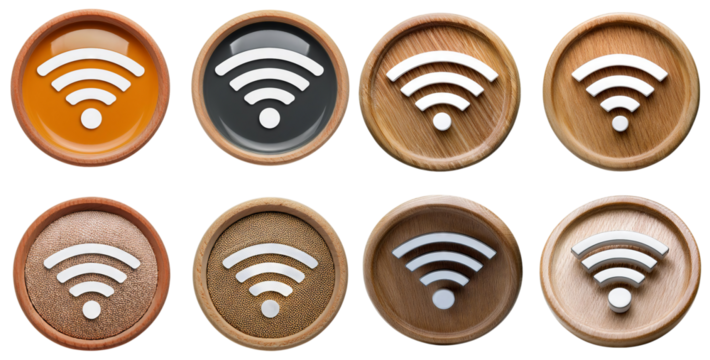WiFi symbols in modern design, various textures and colors displayed, isolated on transparent background