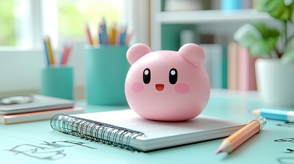 Cute pink character sits on a notebook in a colorful study space with stationery and plants