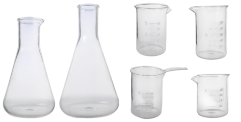 Various Laboratory Glassware Including Beakers and Flasks in Use, isolated on transparent background