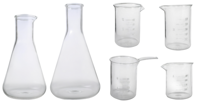 Various Laboratory Glassware Including Beakers and Flasks in Use, isolated on transparent background