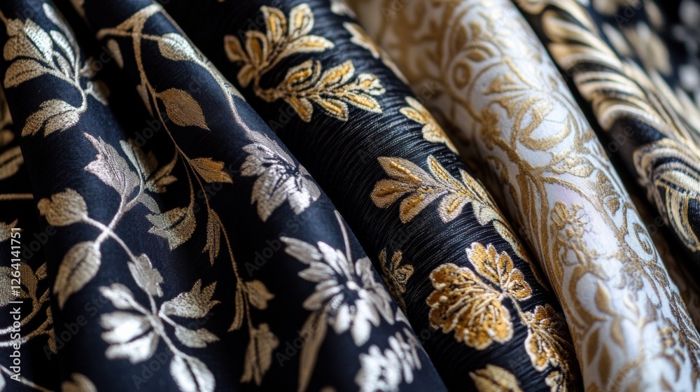 Aufkleber Close up view of beautifully patterned fabrics featuring floral and geometric designs offering a blank space for custom text. Generative AI