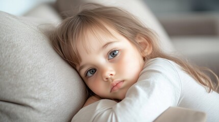 Little Girl's Contemplative Gaze: A young girl with captivating eyes rests her head on a soft pillow, lost in thought, her expression a poignant blend of innocence and quiet contemplation. 