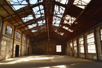 Naklejka premium Abandoned Industrial Warehouse Interior with Exposed Beams and Light