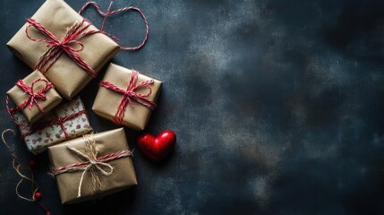 Presents wrapped in brown paper with red twine and heart