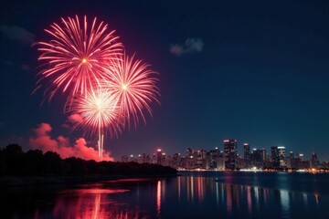 New Year's Eve fireworks explosion in the dark night sky with city skyline, cityscape, urban landscape, new years eve