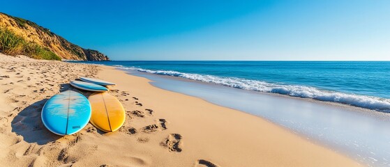 a variety of surfboards resting on the beach with footprints in the sand, calm blue ocean, and clear sky above