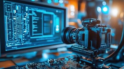 A closeup image of a digital signal processor connected to a camera displaying intricate circuit boards and algorithms on a laptop screen showcasing realtime noise filtering techniques