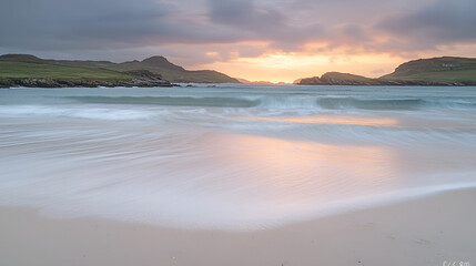 Fototapeta premium Sunset serenity at a coastal beach nature photograph tranquil seascape soft waves peaceful viewpoint
