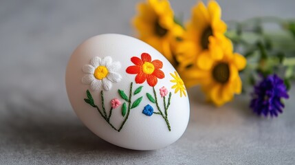 Hand-Embroidered Egg with Colorful Flowers and Surrounding Blooms
