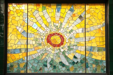 Obraz premium Mosaic sun design with radiating colors is displayed in window