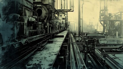 A moody, dystopian-style industrial corridor with pipes, metal railings, and worn-out factory walls. The dark, grungy atmosphere evokes a cyberpunk aesthetic. AI generated.
