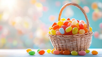Colorful Jelly Beans in a Wicker Basket with Soft Background
