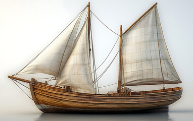 Obraz premium Handcrafted Wooden Sailboat Model with White Sails