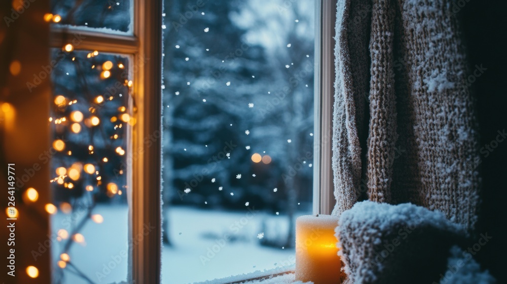 Leinwandbilder cozy winter afternoon through a window with snowflakes and warm candlelight creating a serene atmosp