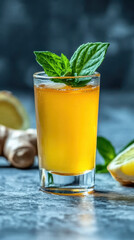 Refreshing ginger tea with honey and mint leaves in glass