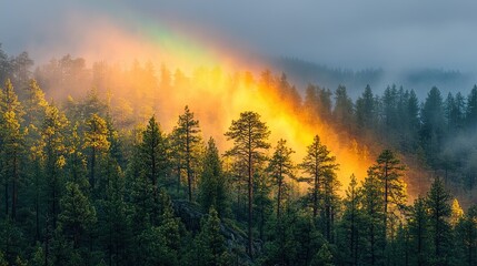 Obraz premium Majestic sunrise illuminating misty forest landscape with vibrant colors and soft light