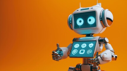 A futuristic humanoid robot with a screen interface displays communication icons while giving a thumbs-up gesture. The vibrant orange background enhances its modern design. AI generated.