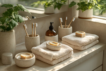 Relaxing bathroom spa setup cozy home still life natural light aesthetic wellness