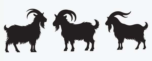Silhouette illustration of three goats with curved horns, standing in different poses. Black vector design on a white background, perfect for logos, icons, and graphic design projects