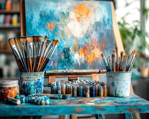 A professional artists toolkit with neatly organized brushes, markers, and paints, creative setup, modern studio background, soft natural light, 8K resolution