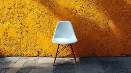 Modern white chair positioned against a vibrant orange textured wall in a minimalist setting