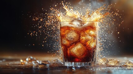 A refreshing splash of cola with ice cubes in a glass, captured in a dynamic and vibrant setting